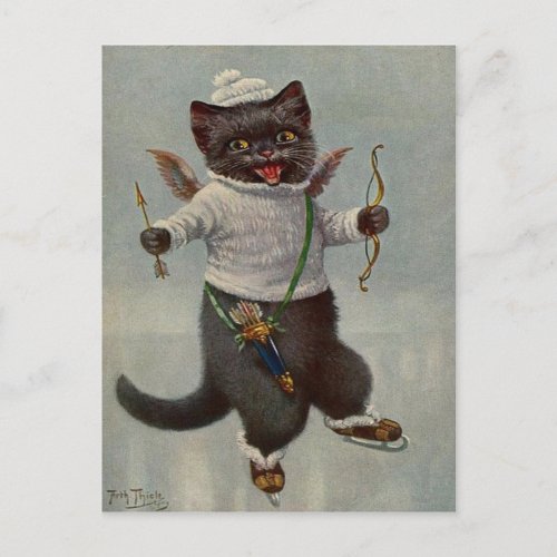 Cupid Cat Skating Vintage early 1900s Postcard