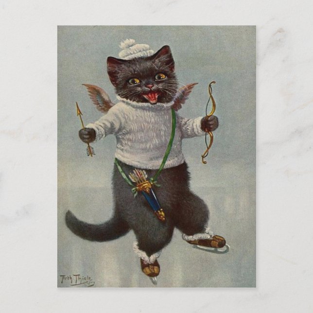 Cupid Cat Skating Vintage early 1900's Postcard (Front)