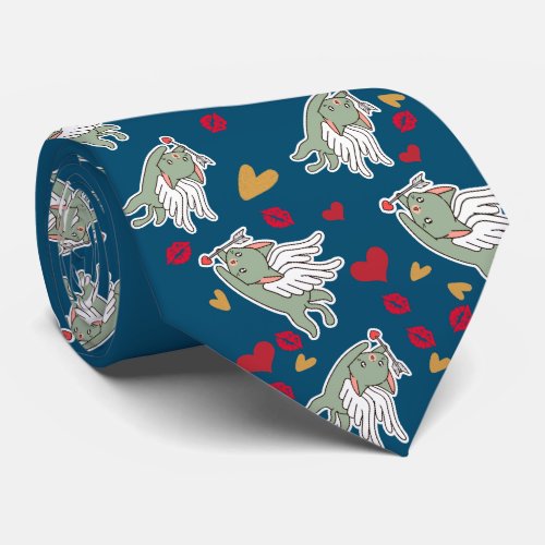 Cupid Cat Valentine Red Heart Kiss Gold Blue Lip Neck Tie