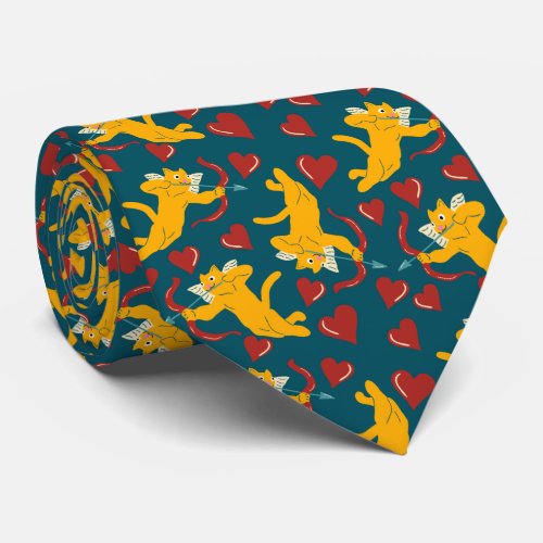 Cupid Cats Valentines Day Orange Red and Blue Neck Tie