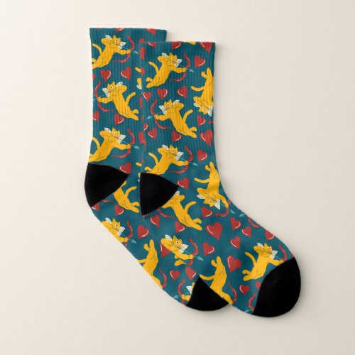 Cupid Cats Valentines Day Orange Red and Blue Socks