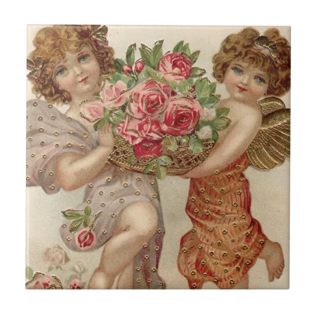 Cupid Cherub Angel Basket Roses Rose Ceramic Tile (Front)