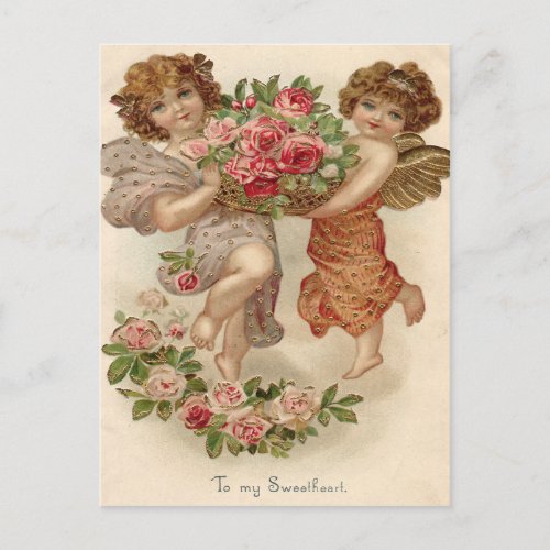 Cupid Cherub Angel Basket Roses Rose Postcard