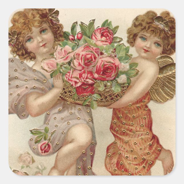 Cupid Cherub Angel Basket Roses Rose Square Sticker (Front)