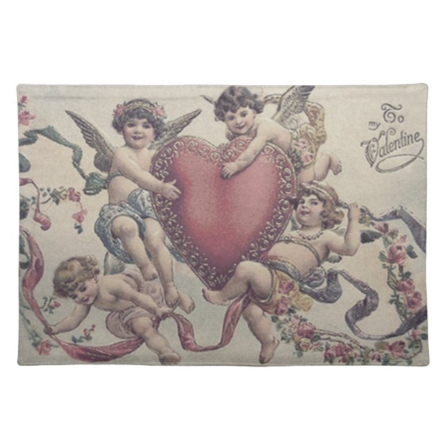 Cupid Cherub Angel Heart Flowers Cloth Placemat (Front)