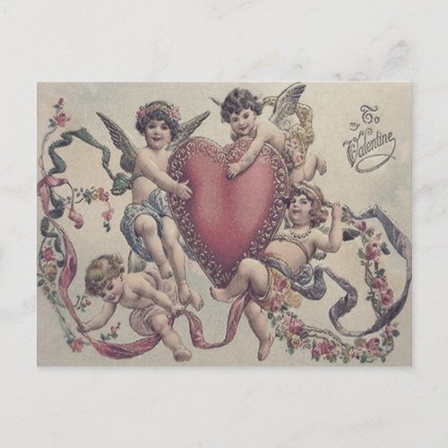 Cupid Cherub Angel Heart Flowers Postcard