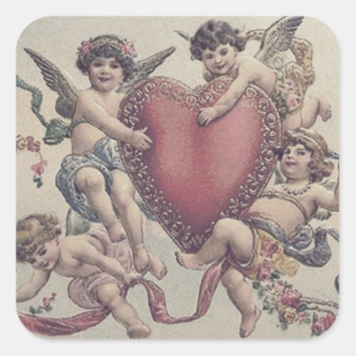 Cupid Cherub Angel Heart Flowers Square Sticker