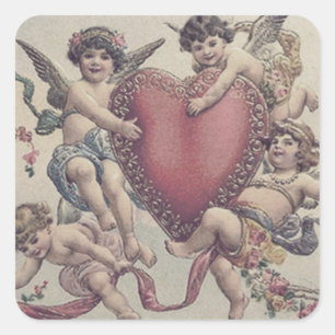 Cupid Cherub Angel Heart Flowers Square Sticker