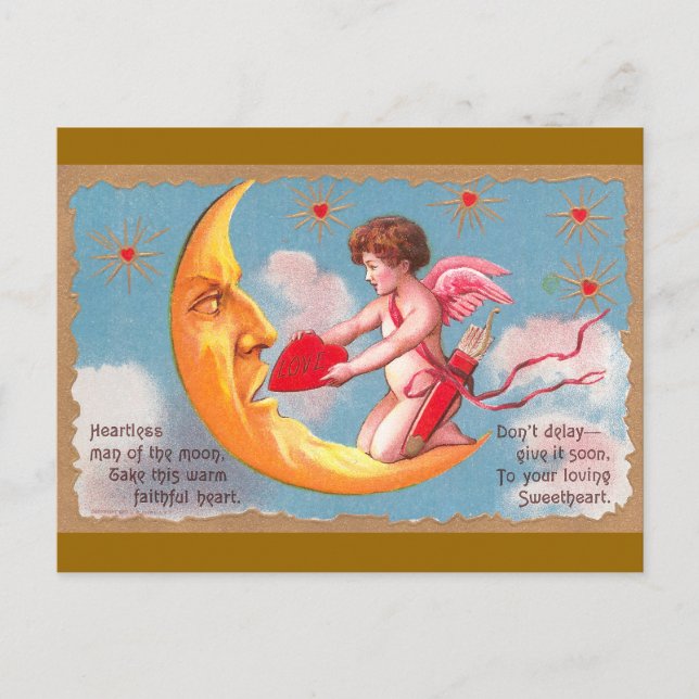 Cupid Feeds Heart to Moon Valentine Holiday Postcard (Front)