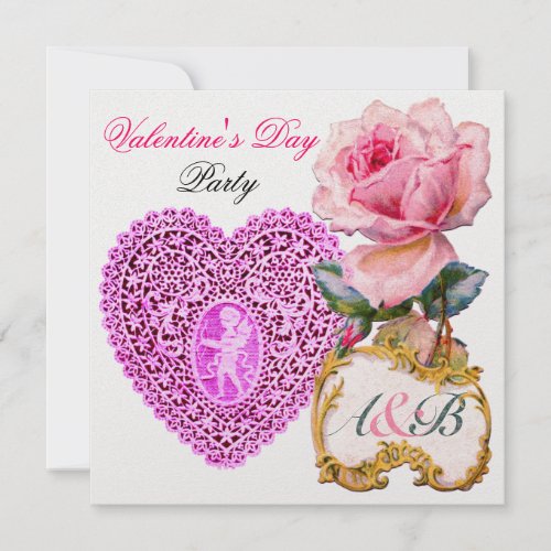 CUPID LACE HEART AND PINK ROSE VALENTINE MONOGRAM INVITATION