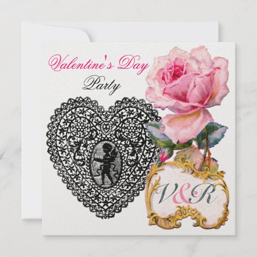 CUPID LACE HEART AND PINK ROSE VALENTINE MONOGRAM INVITATION