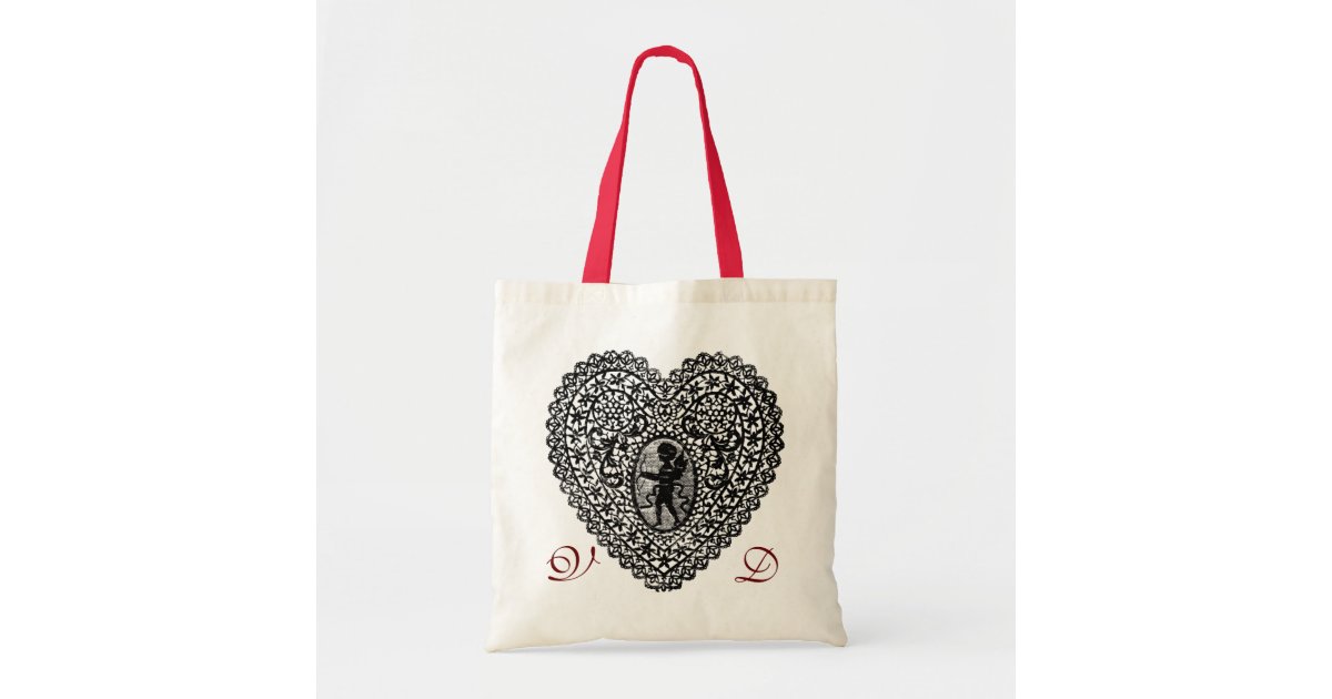 CUPID LACE HEART BLACK AND WHITE PINK RED MONOGRAM TOTE BAG
