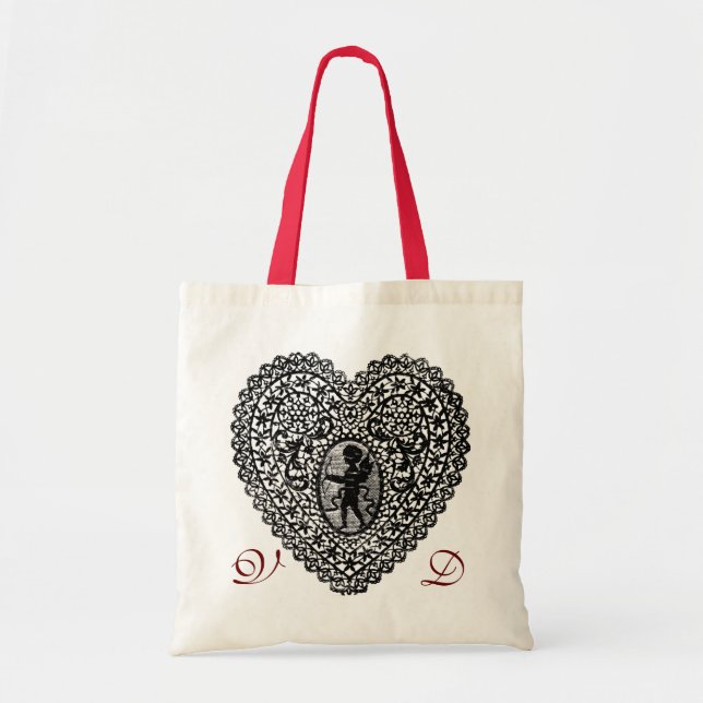 CUPID LACE HEART BLACK AND WHITE PINK RED MONOGRAM TOTE BAG (Front)