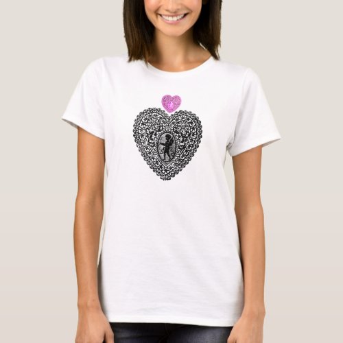 CUPID LACE HEART Black and White Pink T_Shirt