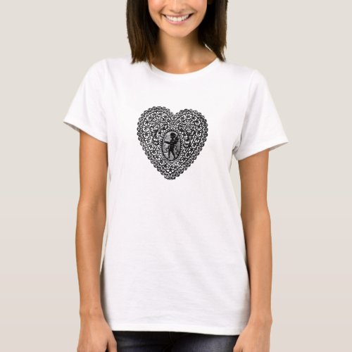 CUPID LACE HEART Black and White T_Shirt