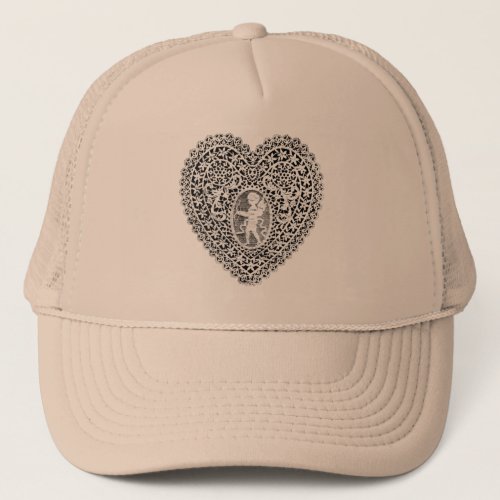 CUPID LACE HEART Black and White Trucker Hat