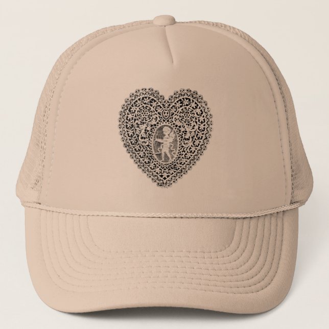 CUPID LACE HEART, Black and White Trucker Hat (Front)