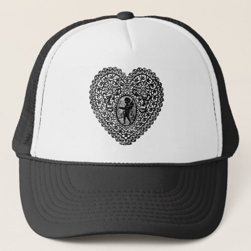 CUPID LACE HEART Black and White Trucker Hat