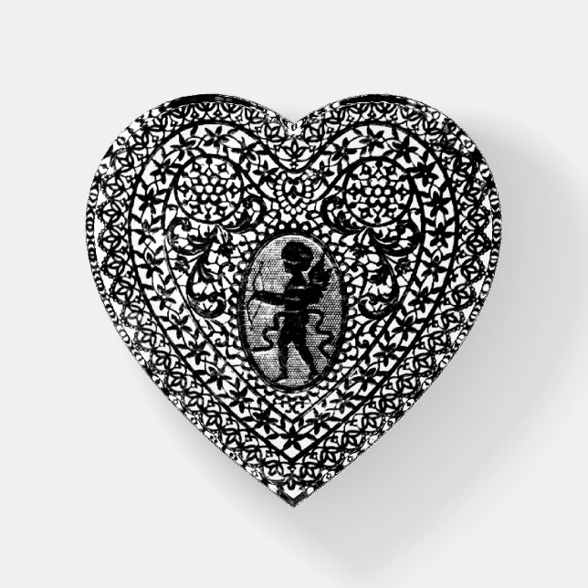 CUPID LACE HEART  Black and White Valentines Day Paperweight (Front)