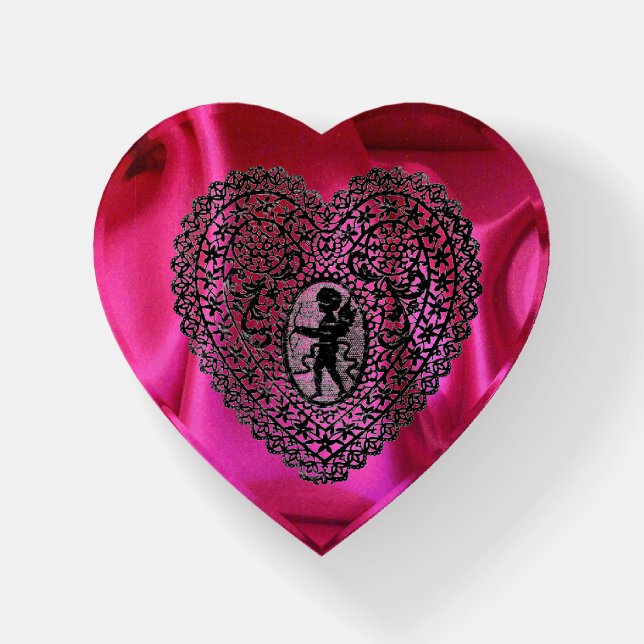 CUPID LACE HEART BLACK IN PINK FUCHSIA SILK CLOTH  PAPERWEIGHT (Front)