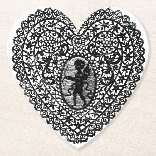 CUPID LACE HEART BLACK WHITE FLORAL Valentines Day Paper Coaster