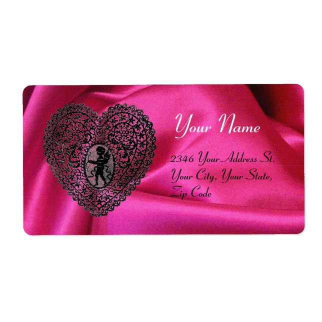 CUPID LACE HEART,FUCHSIA SILK CLOTH pink black Label (Front)