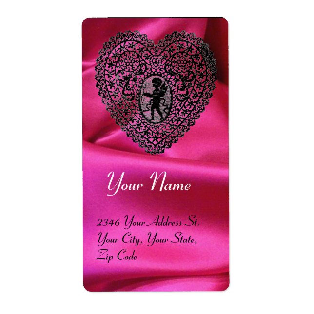 CUPID LACE HEART,FUCHSIA SILK CLOTH pink black Label (Front)