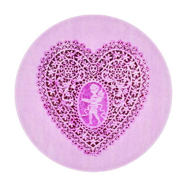 CUPID LACE HEART IN PINK FLORAL Valentines Day Cutting Board (Front)