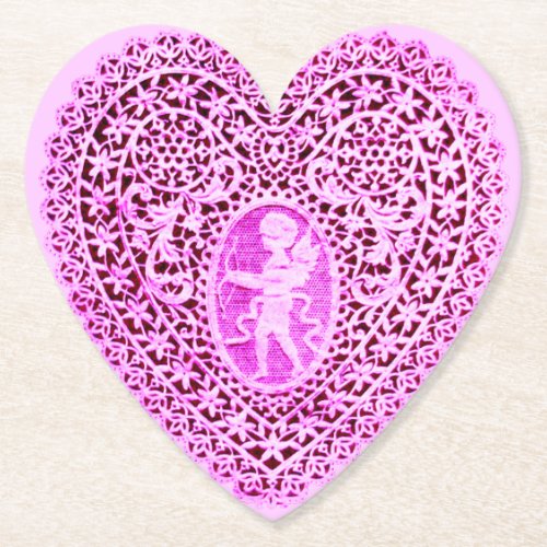 CUPID LACE HEART IN PINK FLORAL Valentines Day Paper Coaster