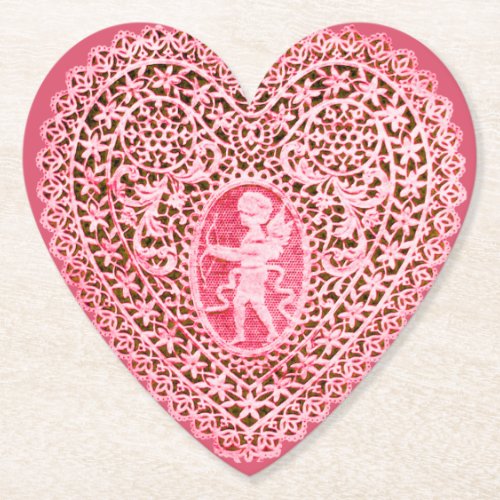 CUPID LACE HEART IN PINK RED FLORAL Valentines Day Paper Coaster