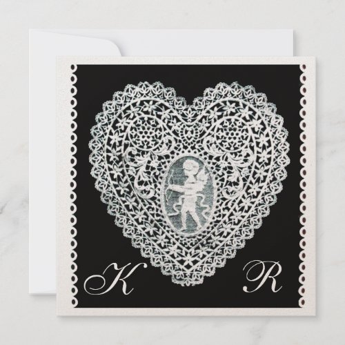 CUPID LACE HEART MONOGRAM champagne metallic paper Announcement