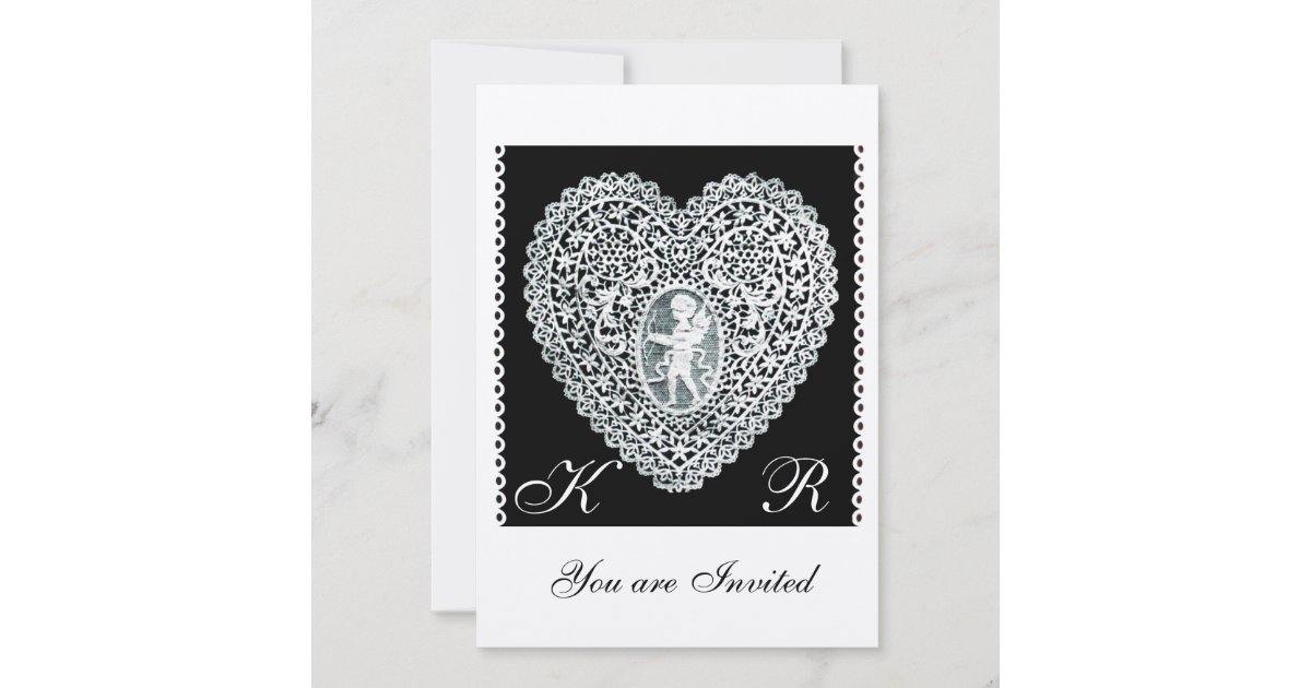 CUPID LACE HEART MONOGRAM gold metallic paper Invitation | Zazzle