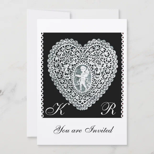 CUPID LACE HEART MONOGRAM gold metallic paper Invitation | Zazzle