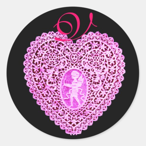 CUPID LACE HEART MONOGRAM pink Classic Round Sticker