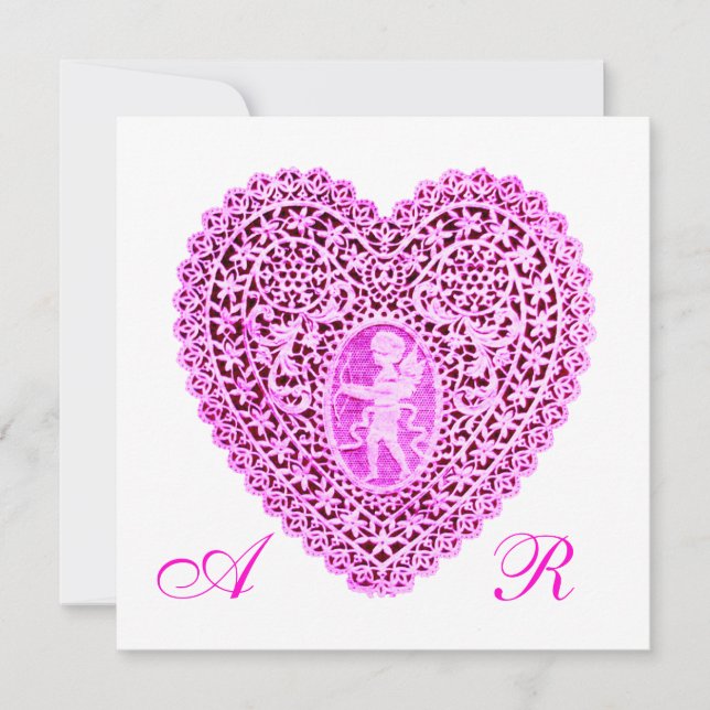 CUPID LACE HEART MONOGRAM, pink fuchsia Announcement (Front)
