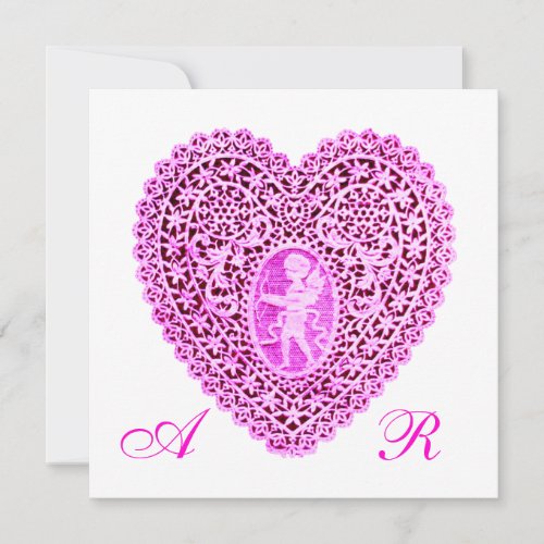 CUPID LACE HEART MONOGRAM pink fuchsia Announcement