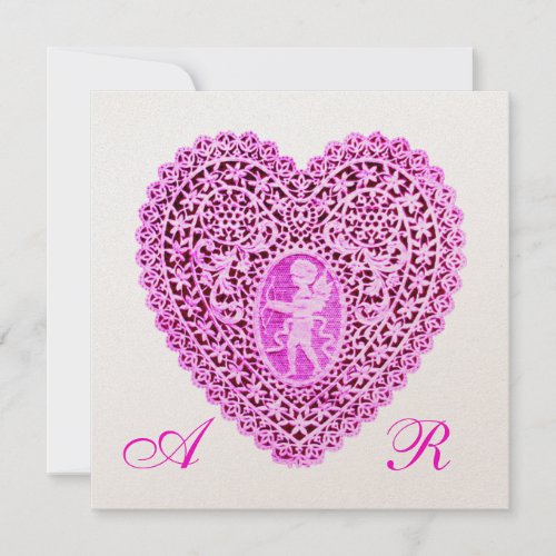 CUPID LACE HEART MONOGRAM pink fuchsia champagne Announcement