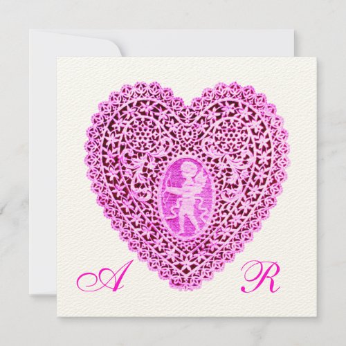 CUPID LACE HEART MONOGRAM pink fuchsia felt paper Announcement