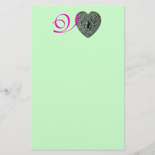 CUPID LACE HEART MONOGRAM pink fuchsia green Stationery