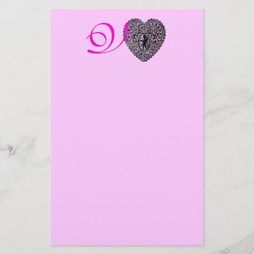 CUPID LACE HEART MONOGRAM Pink Valentines Day Stationery