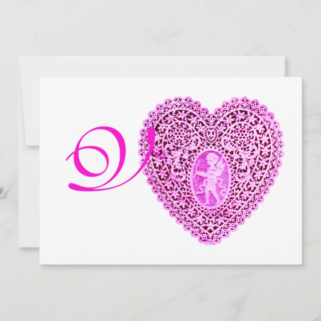 CUPID LACE HEART MONOGRAM, red fuchsia felt paper Announcement (Front)