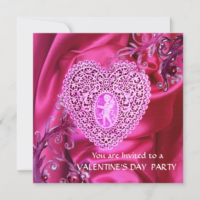 CUPID LACE HEART ON PINK FUCHSIA SILK CLOTH INVITATION (Front)