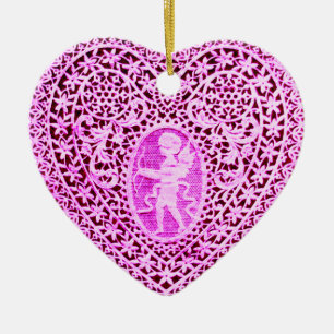 CUPID LACE HEART,pink purple Ceramic Ornament