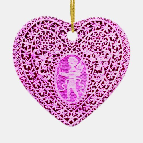 CUPID LACE HEARTpink purple Ceramic Ornament