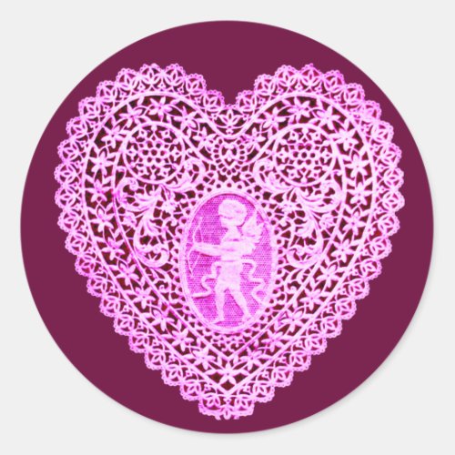 CUPID LACE HEARTpink purple Classic Round Sticker