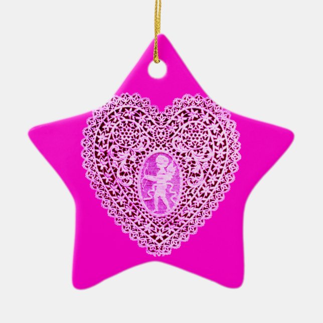 CUPID LACE HEART pink purple Star Ceramic Ornament (Front)