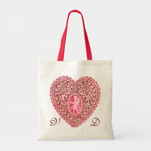 CUPID LACE HEART PINK RED MONOGRAM TOTE BAG