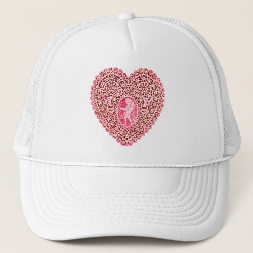 CUPID LACE HEART  Pink Red Trucker Hat