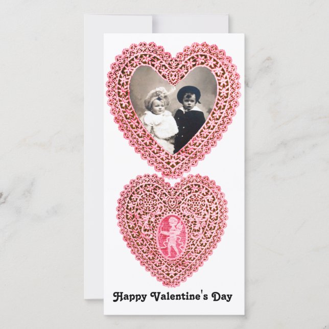 CUPID LACE HEART  , pink red white Holiday Card (Front)