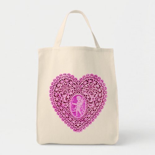 CUPID LACE HEART  PINK VIOLET TOTE BAG